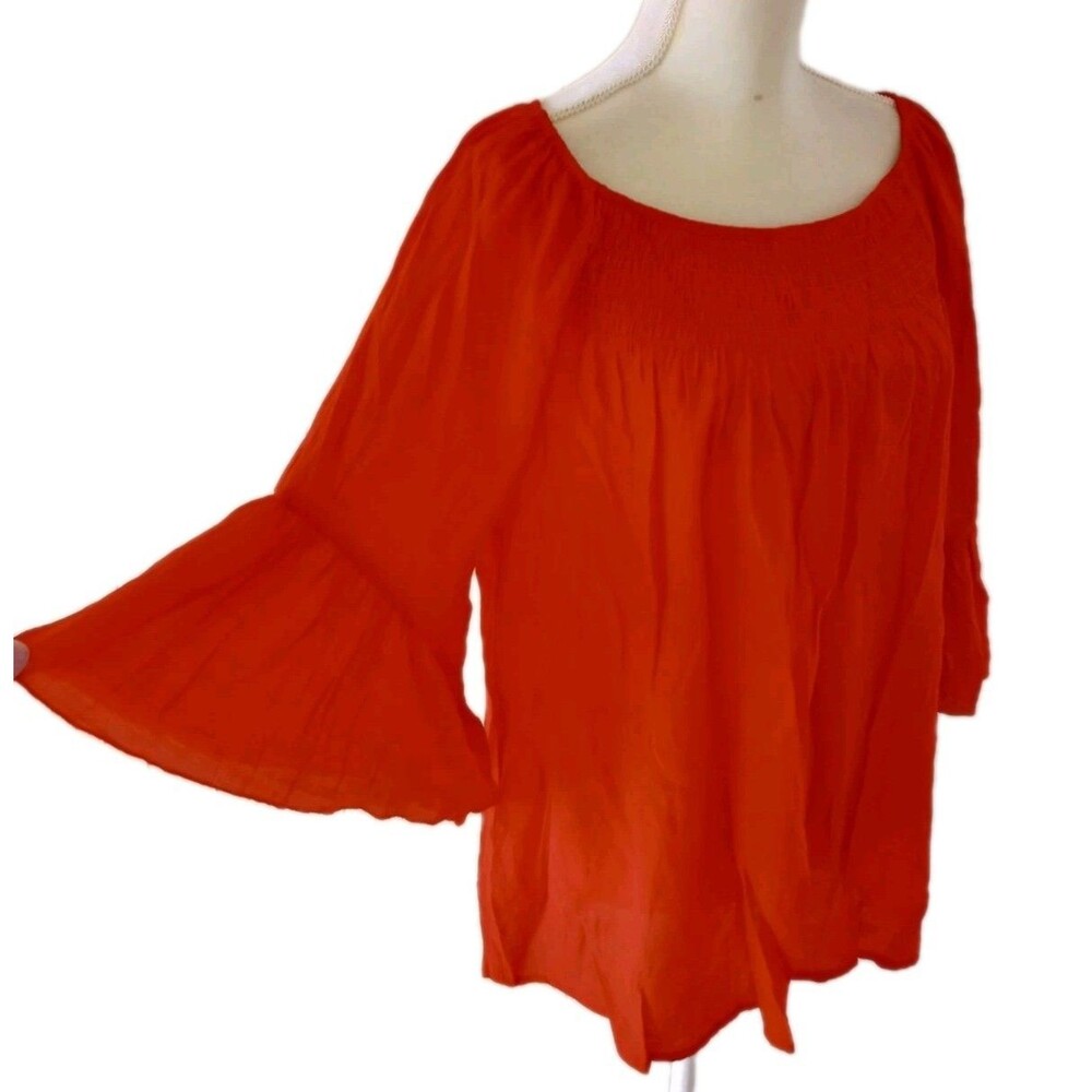 Boho Gypsy Cowgirl Cato Shirt 18W 20W Flared Sleeve Red Smocked Lightweight